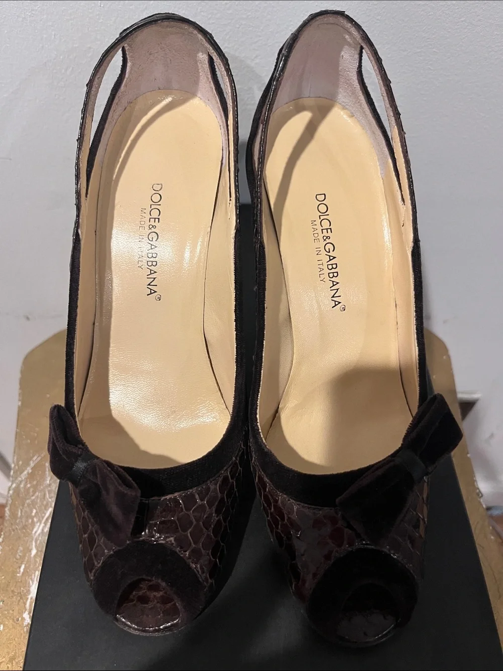 Dolce & Gabbana Dark Brown Peep-Toe Slingback Heels with Velvet Bow